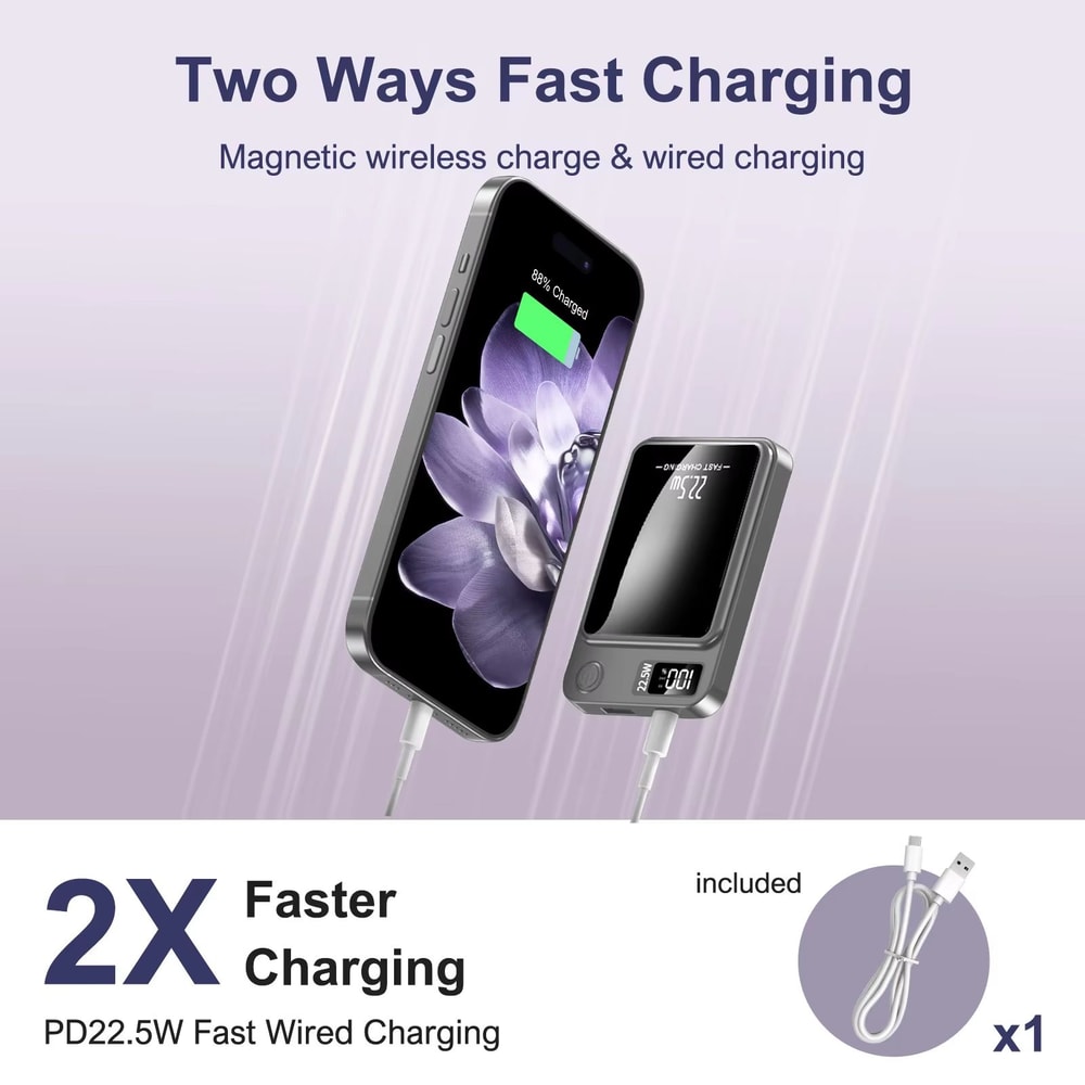 5000mAh Magnetic Power Bank 225W Fast Charging Portable Wireless Charger With Type C Cable For IPho 2