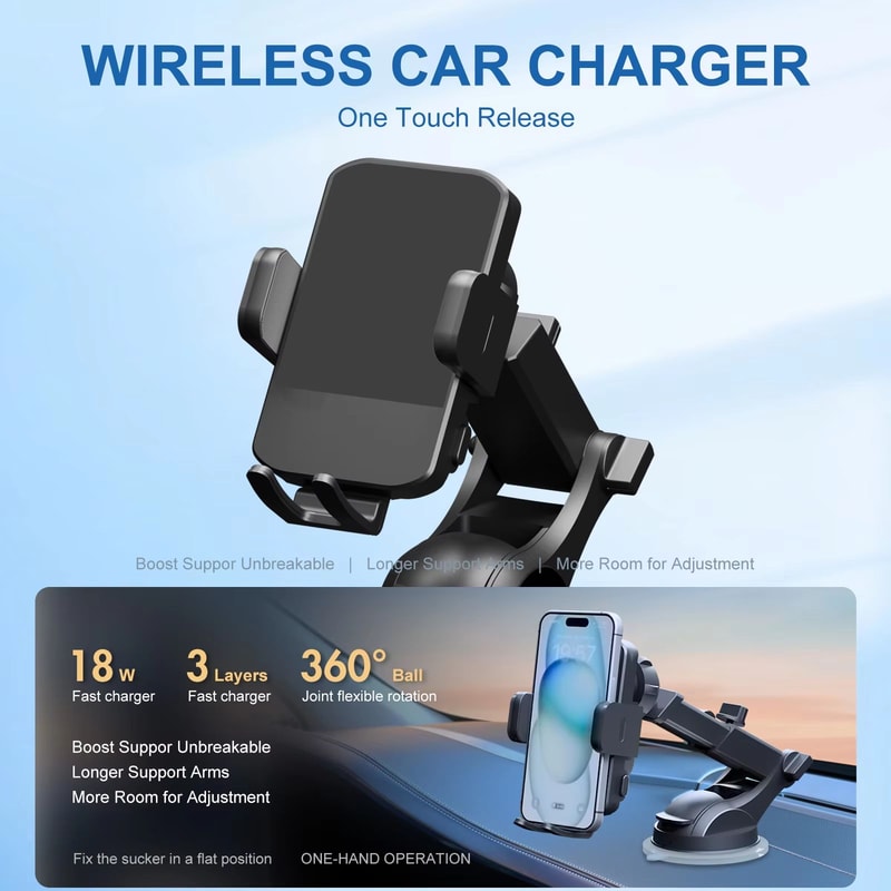 15W Wireless Car Charger Phone Holder Auto Clamping Fast Charge Car Mount For IPhone And Samsung 1
