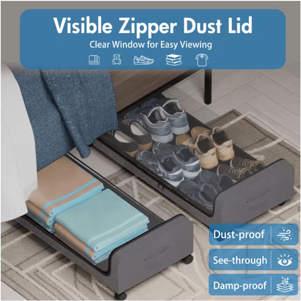 2 Pack Under Bed Storage Box With Wheels Large Capacity Rolling Storage Bin With Clear Window And H 1