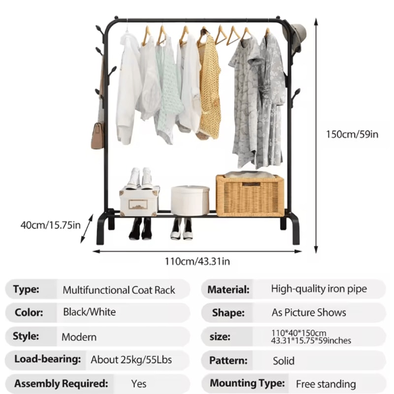 Multifunctional Clothing Rack For Hanging Clothes With Shoe Shelves Coat Garment Rack Organizer For 5