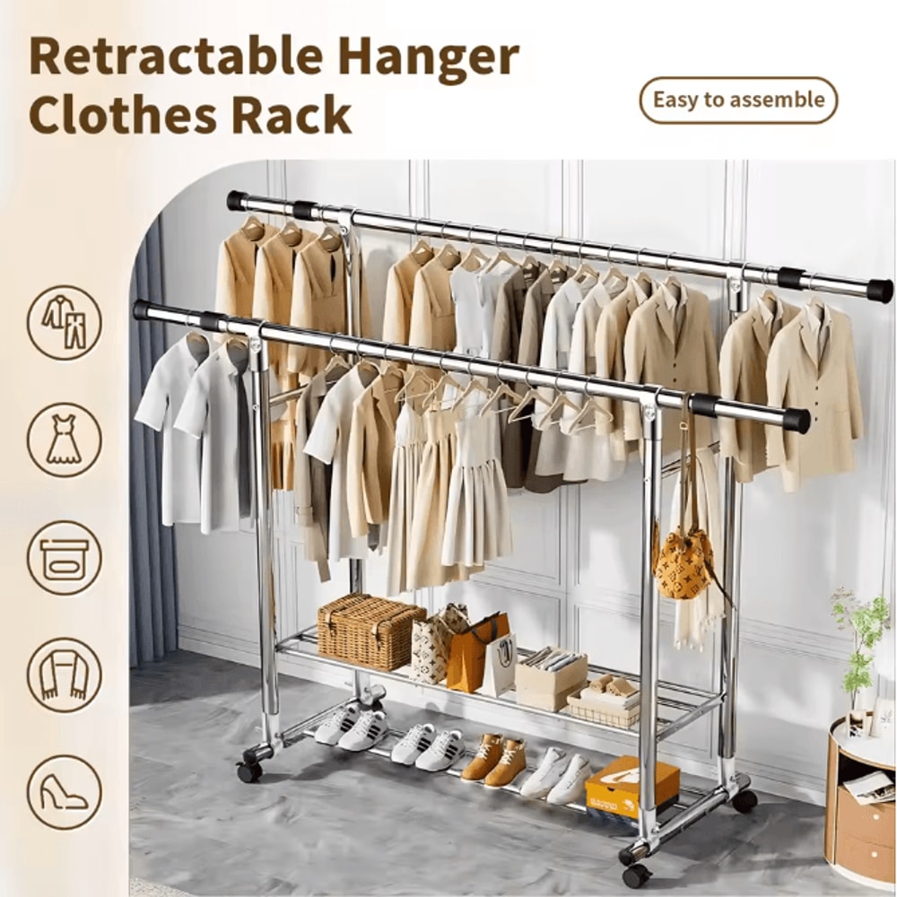 Adjustable Double Rod Rolling Garment Rack With Double Shoe Shelves 47247874in Wide 0