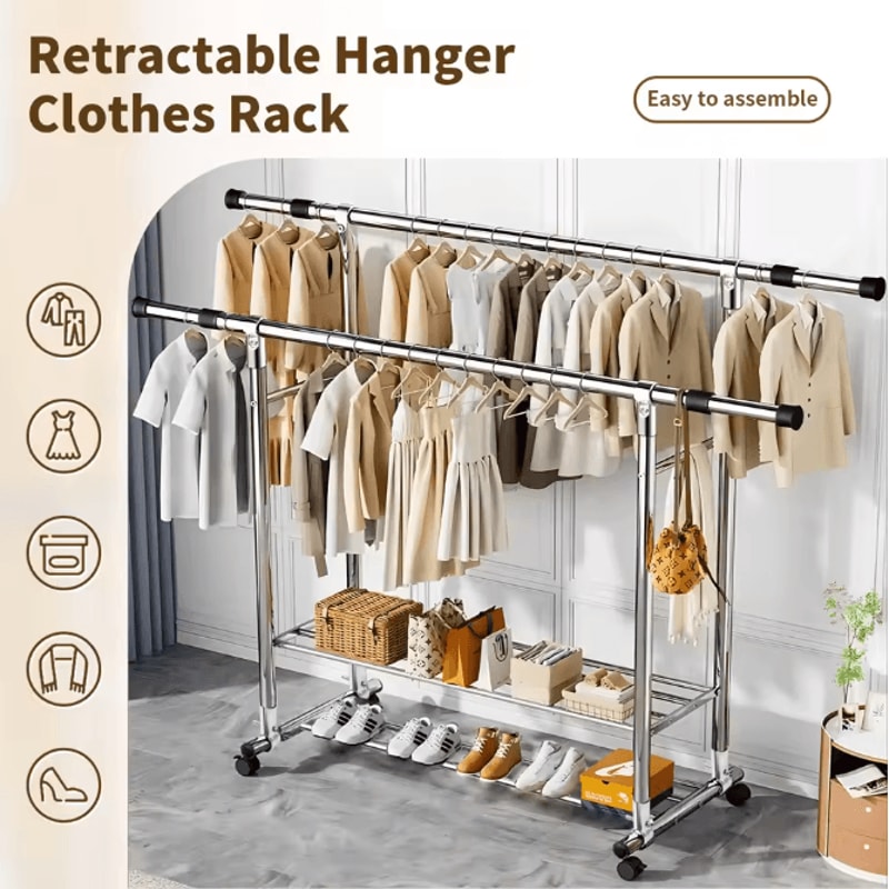 Adjustable Double Rod Rolling Garment Rack With Double Shoe Shelves 47247874in Wide 0
