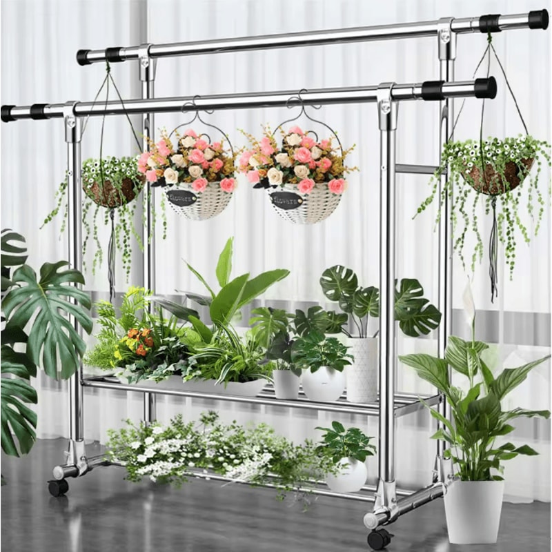 Adjustable Double Rod Rolling Garment Rack With Double Shoe Shelves 47247874in Wide 1