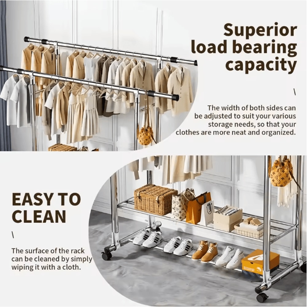 Adjustable Double Rod Rolling Garment Rack With Double Shoe Shelves 47247874in Wide 3