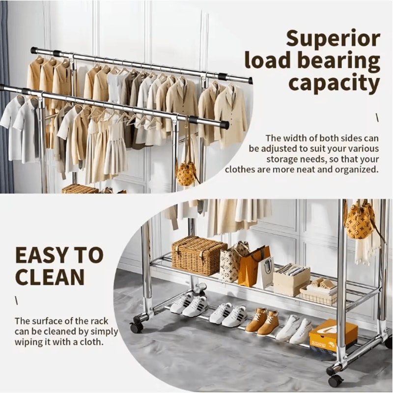 Adjustable Double Rod Rolling Garment Rack With Double Shoe Shelves 47247874in Wide 3