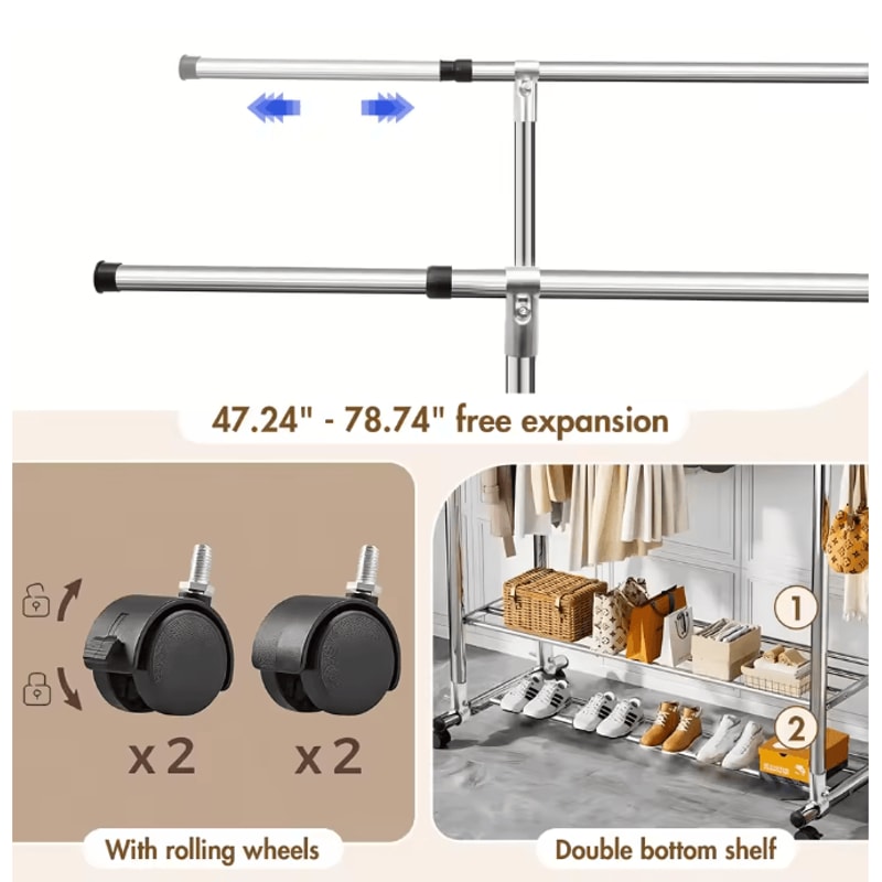Adjustable Double Rod Rolling Garment Rack With Double Shoe Shelves 47247874in Wide 5