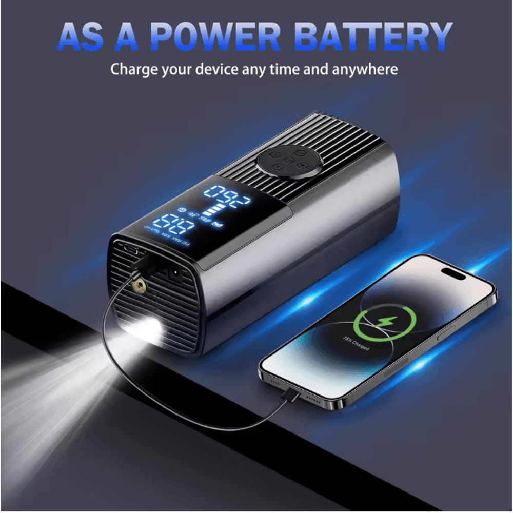 Portable 12V High Power Car Tire Inflator With Digital Gauge LED Light And Power Bank 1