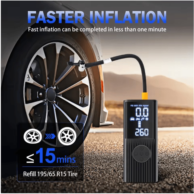 Portable 12V High Power Car Tire Inflator With Digital Gauge LED Light And Power Bank 2