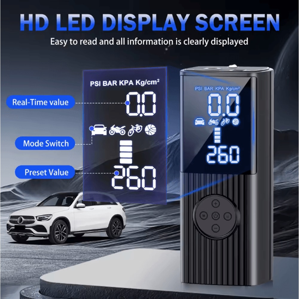 Portable 12V High Power Car Tire Inflator With Digital Gauge LED Light And Power Bank 3