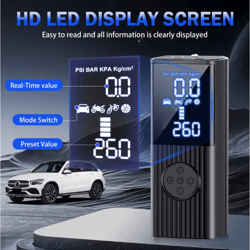 Portable 12V High Power Car Tire Inflator With Digital Gauge LED Light And Power Bank 3