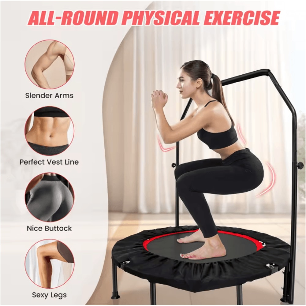 48Inch Foldable Fitness Trampoline Rebounder With Adjustable Handrail For Indoor And Outdoor Workou 2