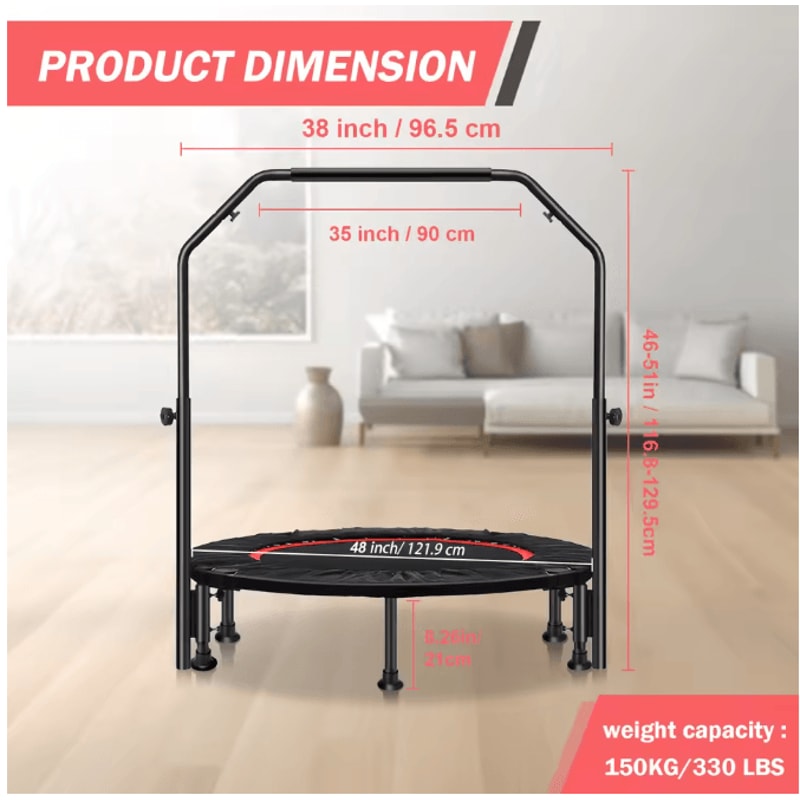 48Inch Foldable Fitness Trampoline Rebounder With Adjustable Handrail For Indoor And Outdoor Workou 4