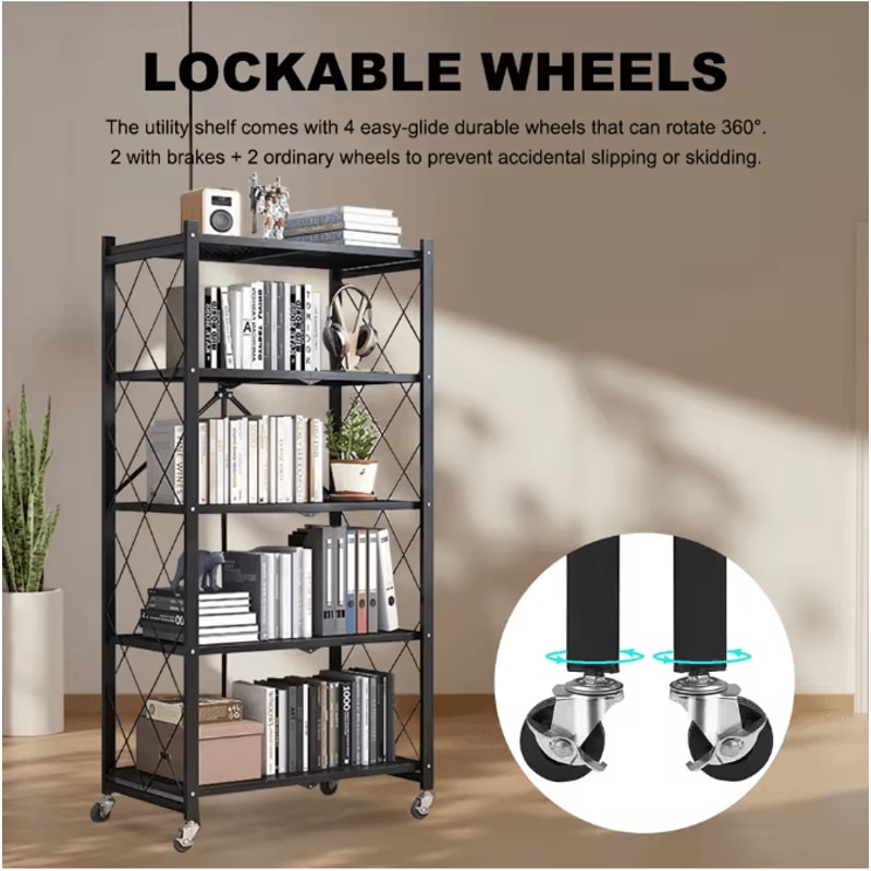 5Tier Heavy Duty Metal Shelving Unit With Wheels Adjustable Foldable Storage Rack For Home Kitchen 2