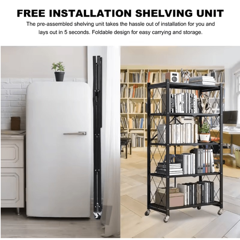 5Tier Heavy Duty Metal Shelving Unit With Wheels Adjustable Foldable Storage Rack For Home Kitchen 3