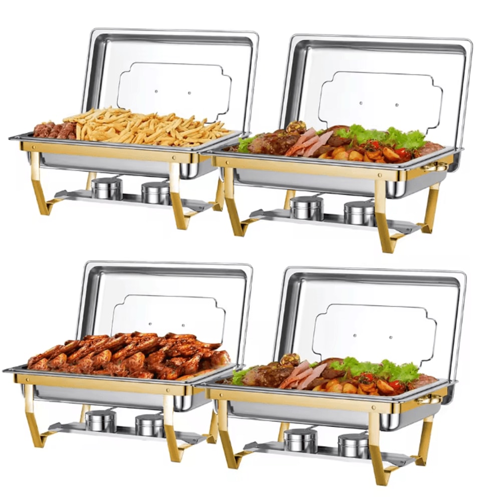 4Pack 8QT Rectangular SemiGoldPlated Stainless Steel Chafing Dish Buffet Set With Warmers 1