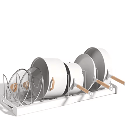expandable utensil and cookware storage rack with 12 adjustable shelves for kitchen cabinets