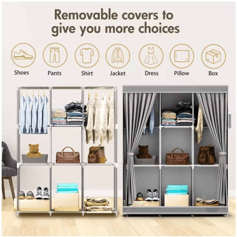 Large Capacity Portable Wardrobe Closet Storage Organizer With Dustproof Non Woven Fabric Cover And 4