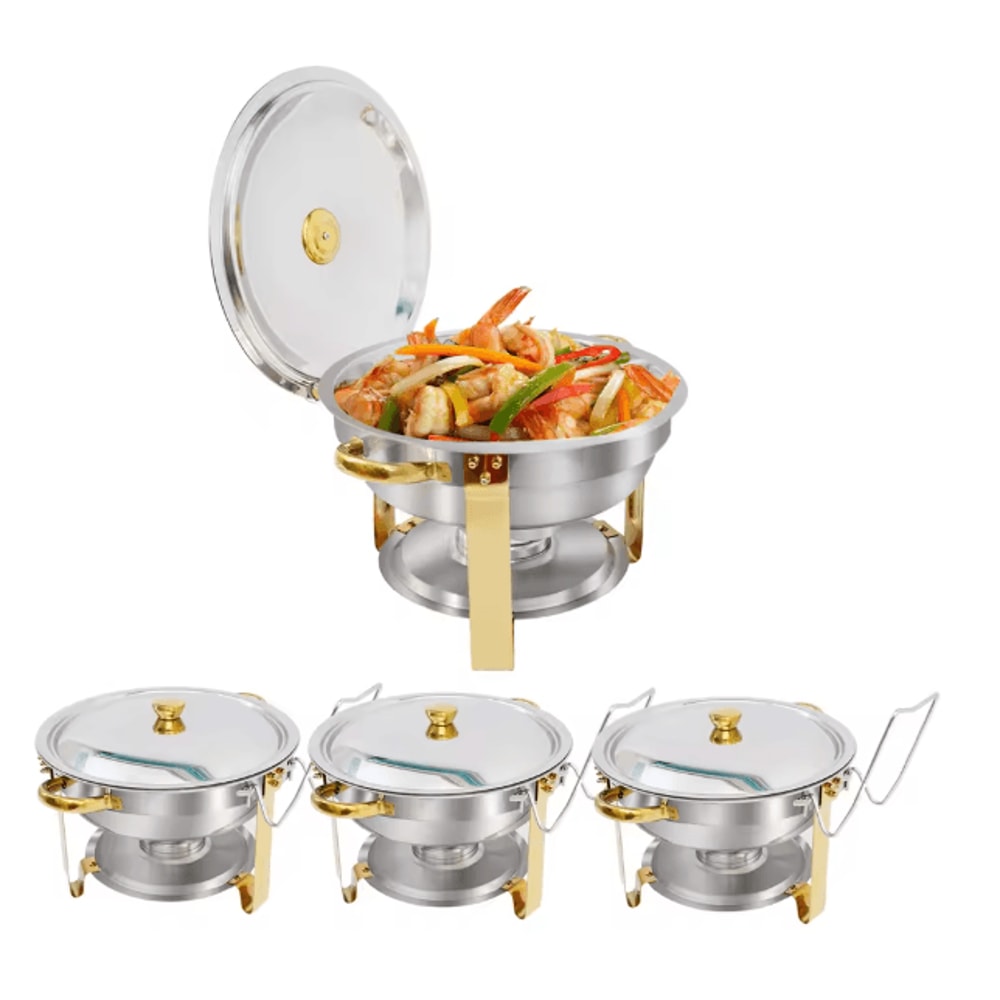5 Qt Round Stainless Steel Buffet Warmer Chafing Dish Set With Half Gold Accent For Parties And Cat 0