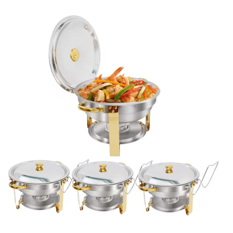 5 Qt Round Stainless Steel Buffet Warmer Chafing Dish Set With Half Gold Accent For Parties And Cat 0