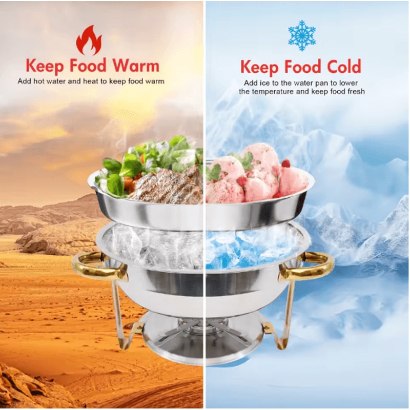 5 Qt Round Stainless Steel Buffet Warmer Chafing Dish Set With Half Gold Accent For Parties And Cat 4