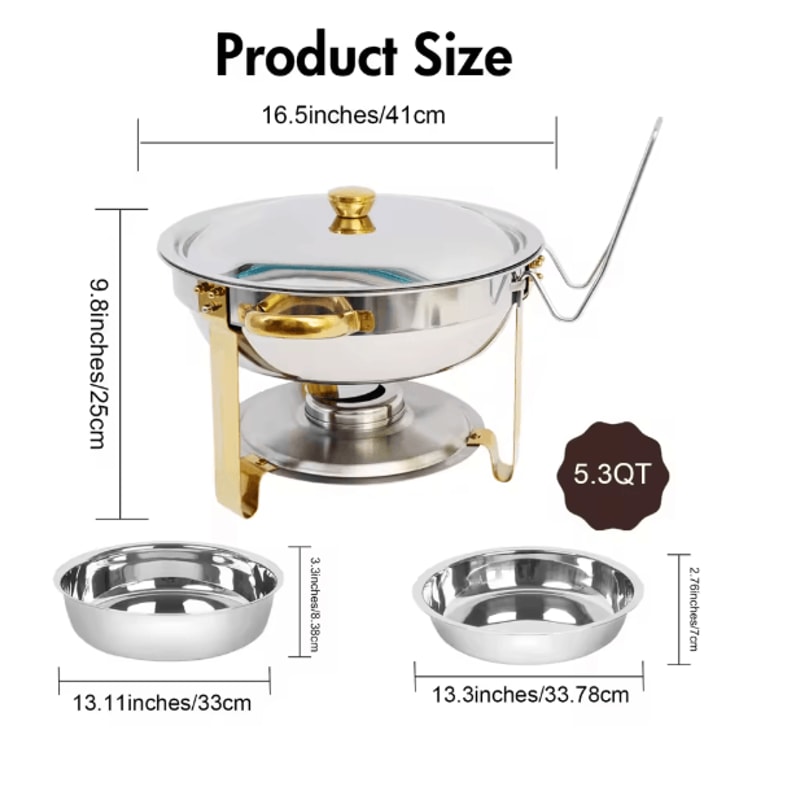 5 Qt Round Stainless Steel Buffet Warmer Chafing Dish Set With Half Gold Accent For Parties And Cat 5