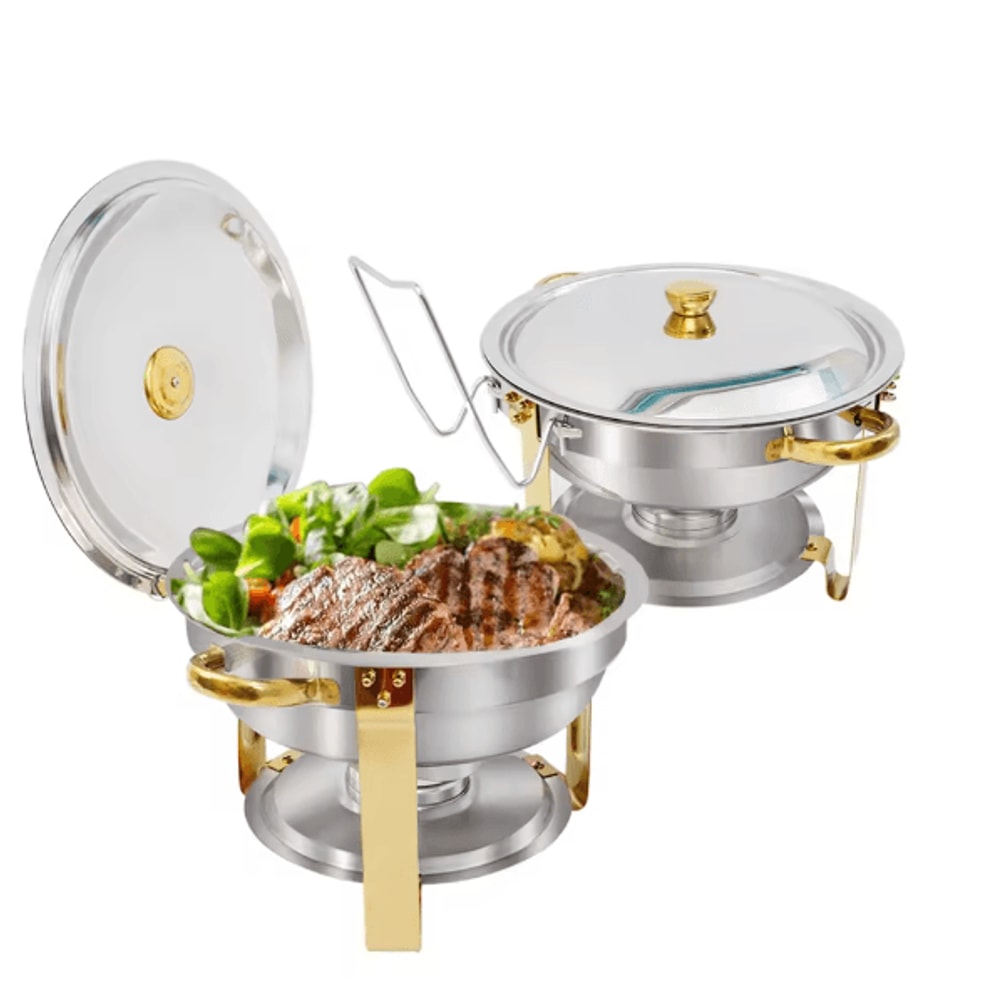 5 Qt Round Stainless Steel Buffet Warmer Chafing Dish Set With Half Gold Accent For Parties And Cat 6