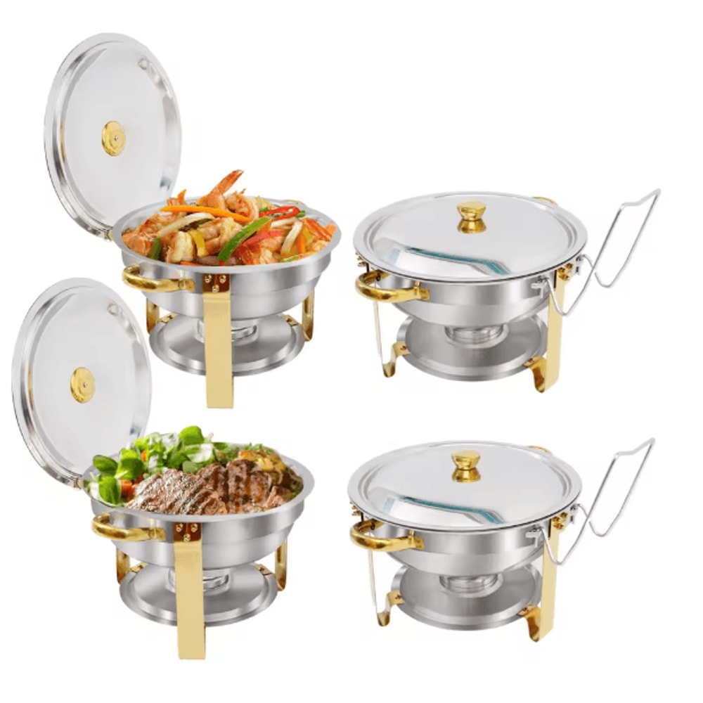 5 Qt Round Stainless Steel Buffet Warmer Chafing Dish Set With Half Gold Accent For Parties And Cat 7