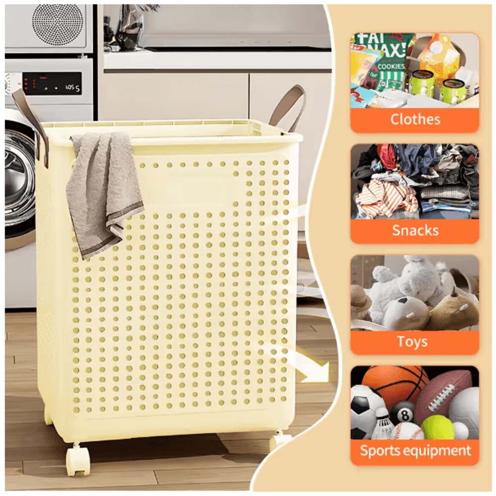 Large Foldable Rolling Laundry Basket Plastic Hamper With Removable Bag For Bathroom Balcony And Be 0