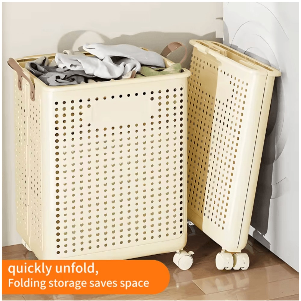 Large Foldable Rolling Laundry Basket Plastic Hamper With Removable Bag For Bathroom Balcony And Be 1