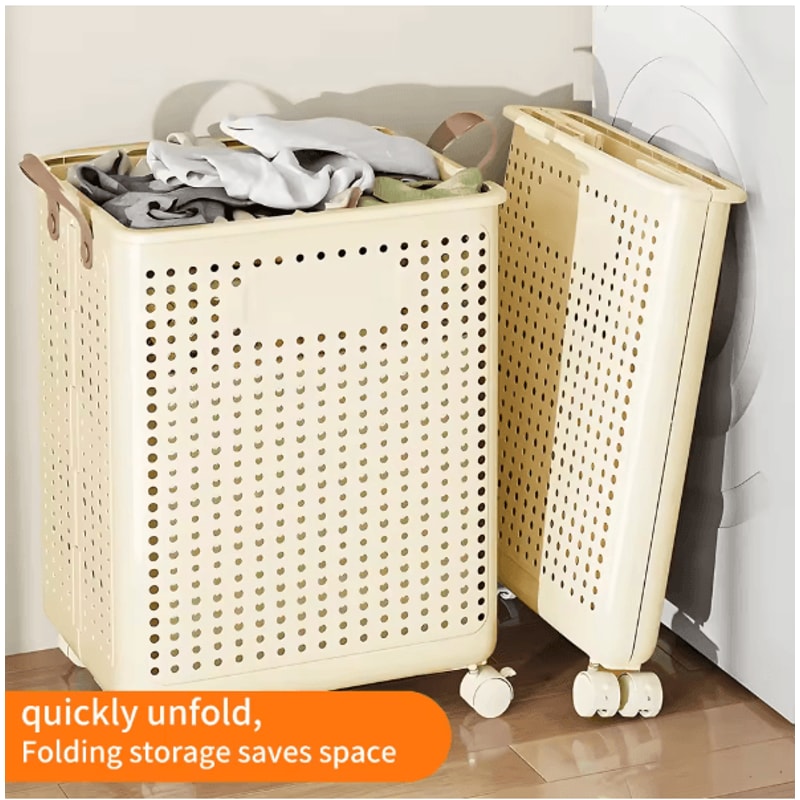 Large Foldable Rolling Laundry Basket Plastic Hamper With Removable Bag For Bathroom Balcony And Be 1