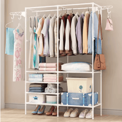freestanding metal garment rack with shelves and shoe organizer storage for bedroom closet