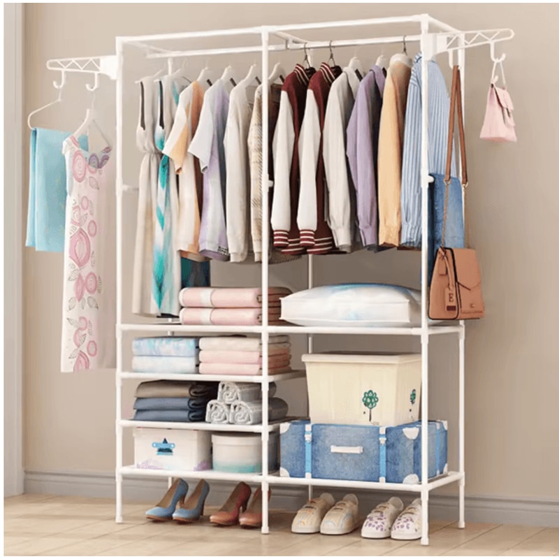 Freestanding Metal Garment Rack With Shelves And Shoe Organizer Storage For Bedroom Closet 0