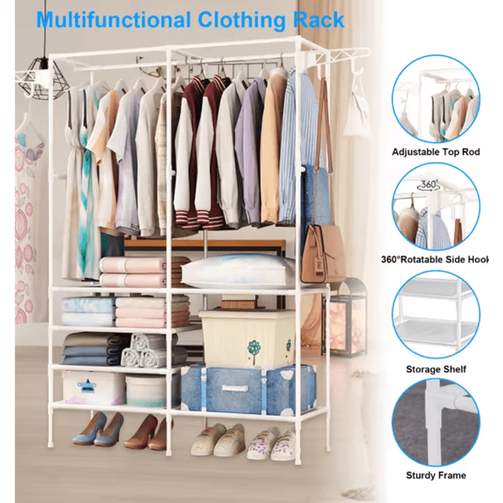 Freestanding Metal Garment Rack With Shelves And Shoe Organizer Storage For Bedroom Closet 1