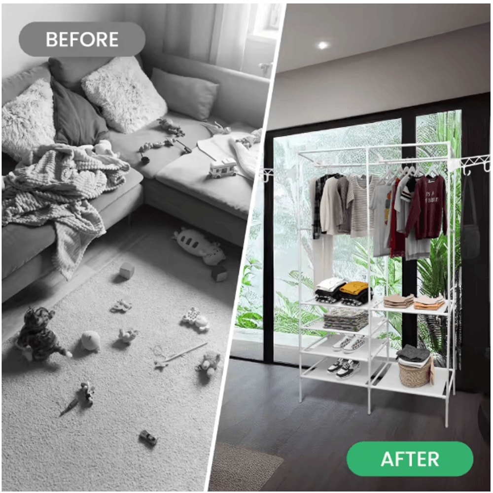 Freestanding Metal Garment Rack With Shelves And Shoe Organizer Storage For Bedroom Closet 6