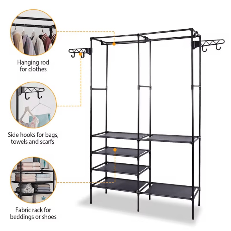 Freestanding Metal Garment Rack With Shelves And Shoe Organizer Storage For Bedroom Closet 7