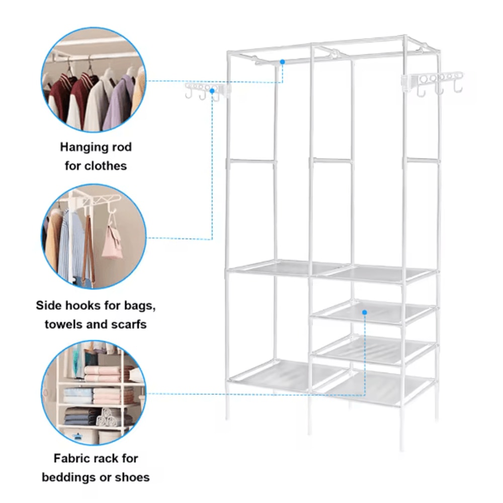 Freestanding Metal Garment Rack With Shelves And Shoe Organizer Storage For Bedroom Closet 8