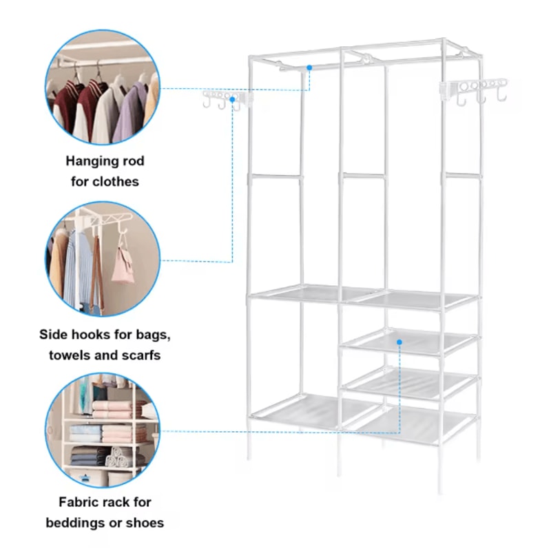 Freestanding Metal Garment Rack With Shelves And Shoe Organizer Storage For Bedroom Closet 8