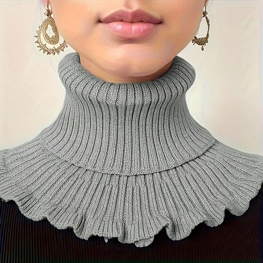 Black And White Knitted Neck Scarf For Women Soft Thick Warm False Turtleneck With Elegant Ruffle 1