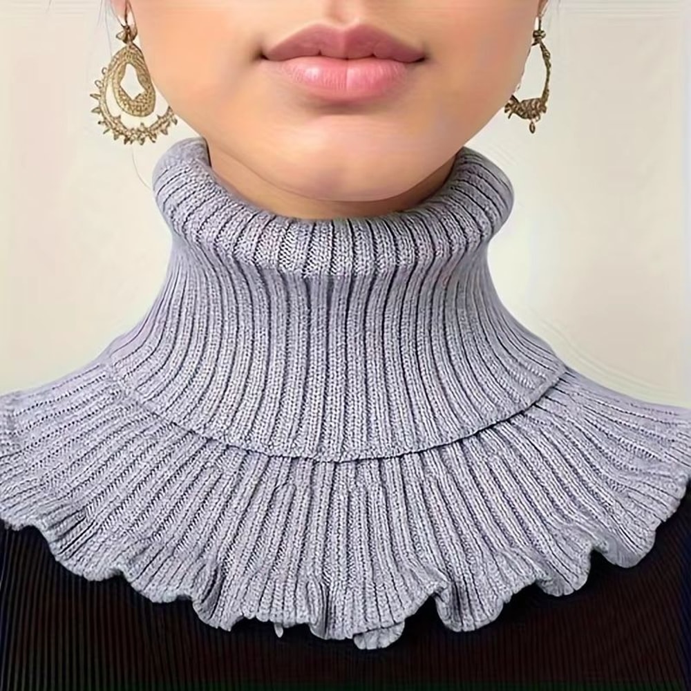 Black And White Knitted Neck Scarf For Women Soft Thick Warm False Turtleneck With Elegant Ruffle 2