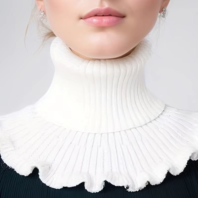 Black And White Knitted Neck Scarf For Women Soft Thick Warm False Turtleneck With Elegant Ruffle 3