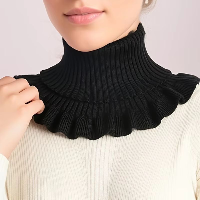 Black And White Knitted Neck Scarf For Women Soft Thick Warm False Turtleneck With Elegant Ruffle 7