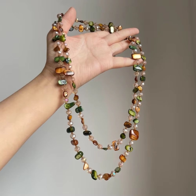 Antique Bohemian Shell Beaded Necklace Double Layer Long Pendant Style Colorful Stackable Statement 7