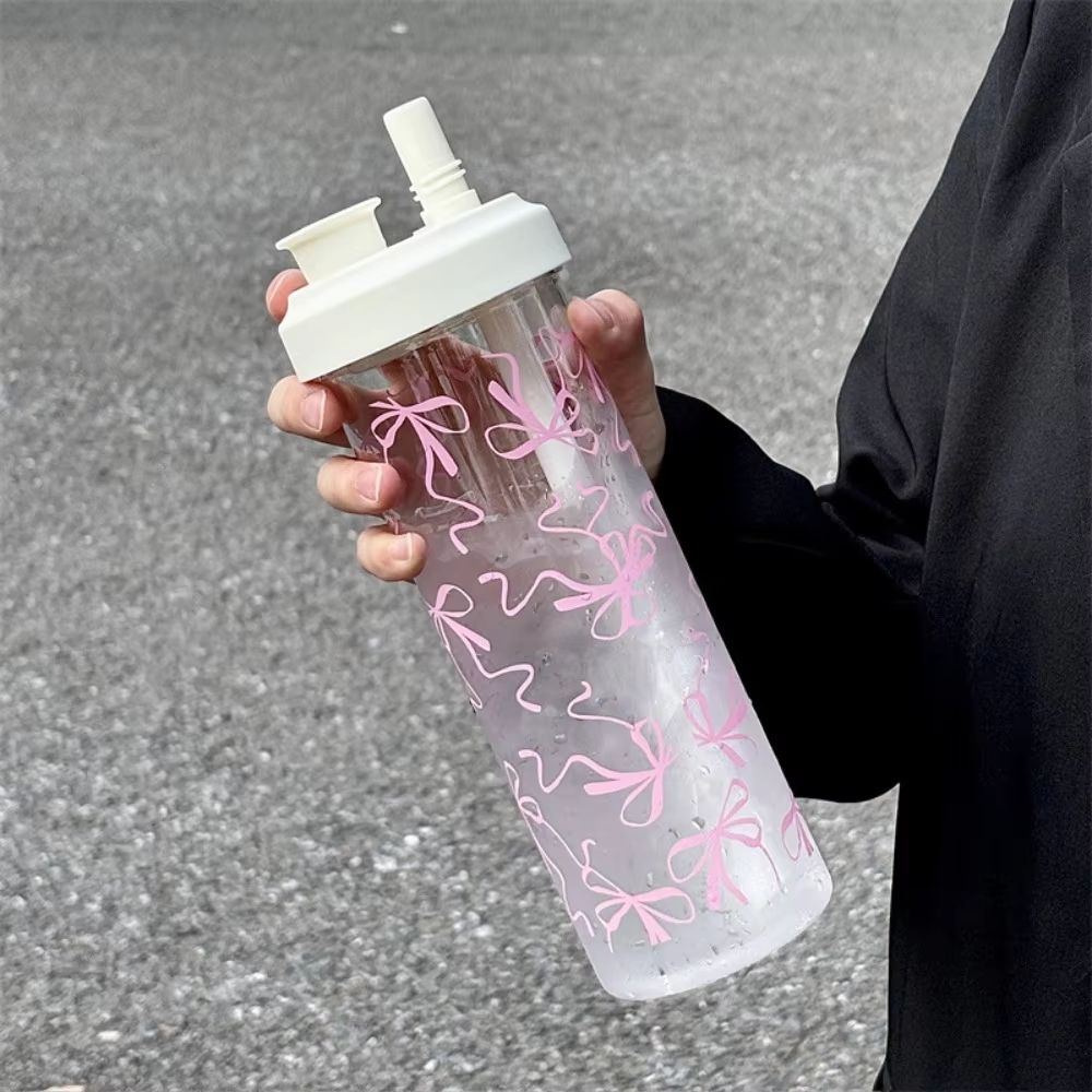 Cute Bowknot Straw Water Bottle Cup With Lid Large Capacity Plastic Tumbler For Juice Milk Bubble T 9