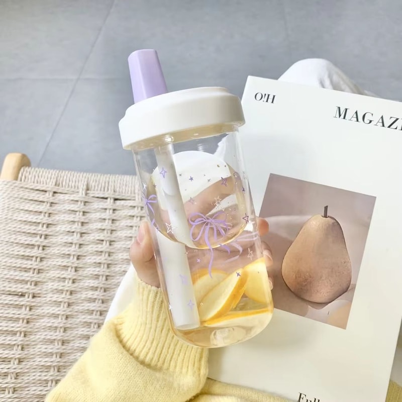Cute Bowknot Straw Water Bottle Cup With Lid Large Capacity Plastic Tumbler For Juice Milk Bubble T 10