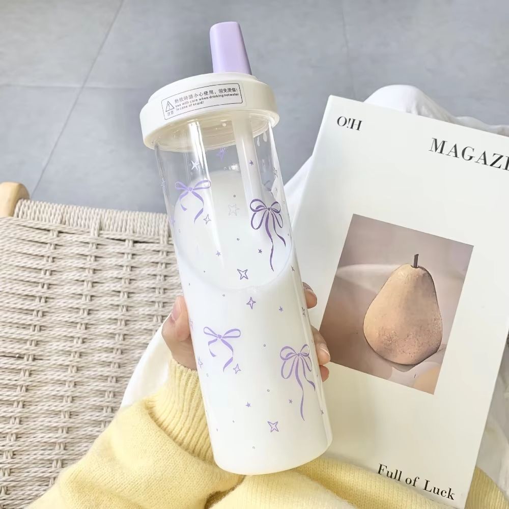 Cute Bowknot Straw Water Bottle Cup With Lid Large Capacity Plastic Tumbler For Juice Milk Bubble T 11