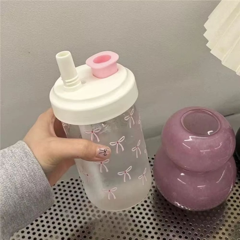 Cute Bowknot Straw Water Bottle Cup With Lid Large Capacity Plastic Tumbler For Juice Milk Bubble T 4