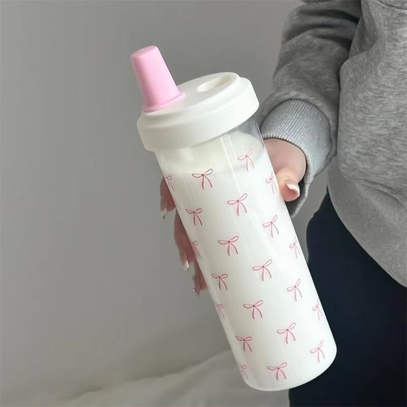 Cute Bowknot Straw Water Bottle Cup With Lid Large Capacity Plastic Tumbler For Juice Milk Bubble T 8