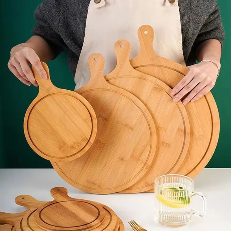 Round Bamboo Pizza Board With Handle 610in MultiUse Serving Cutting Tray 0