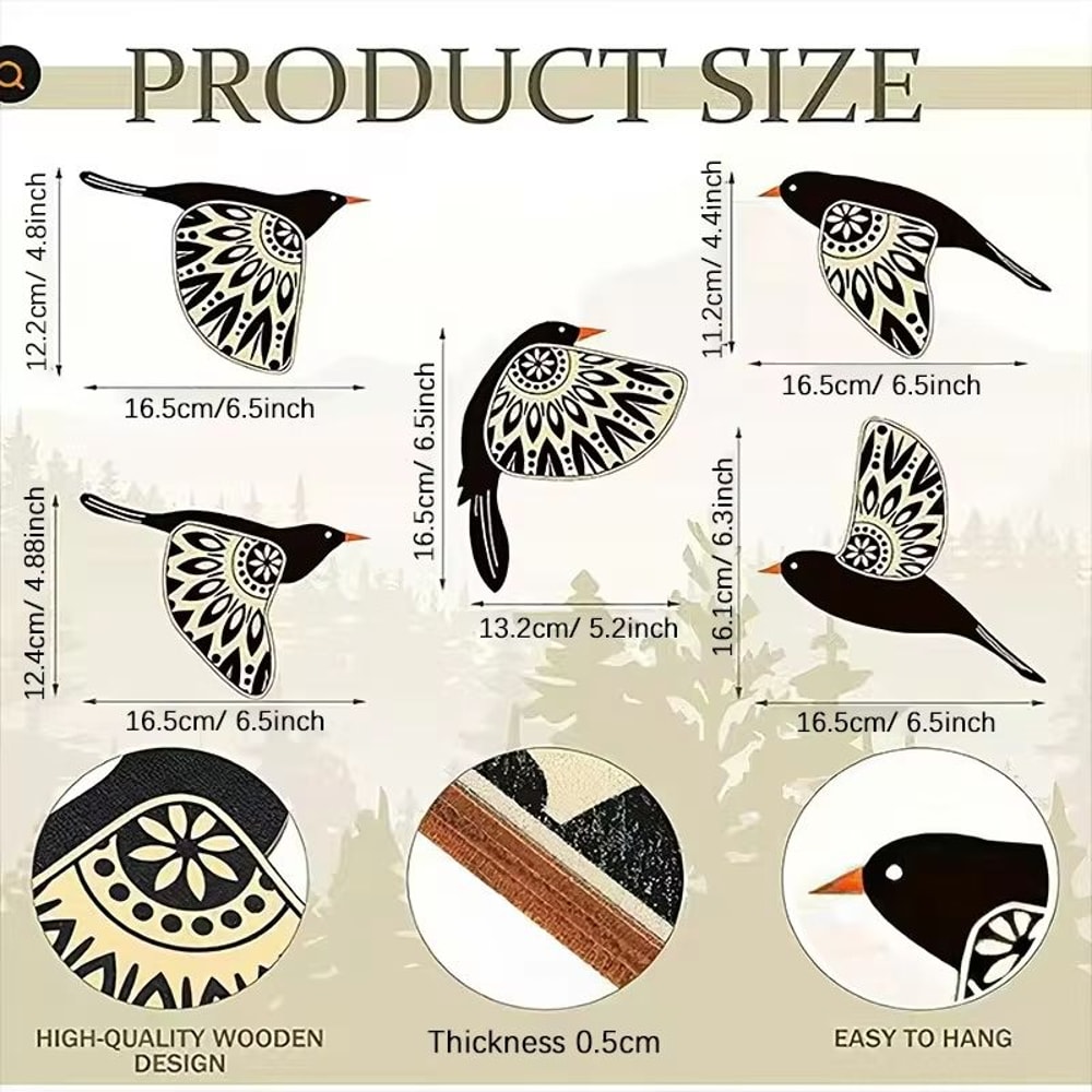 5pc Wooden Black Bird Wall Decor Vintage Gothic Raven Silhouettes For Home And Garden 4