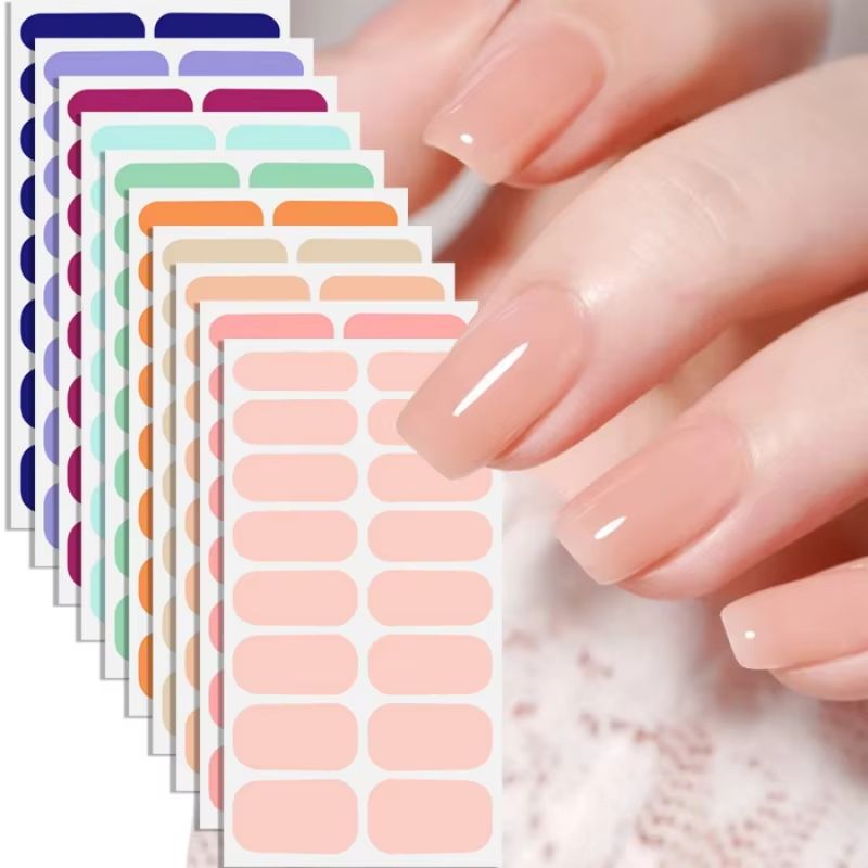 16Piece Solid Color Nail Stickers Pink Nude Disposable Nail Polish Film 0